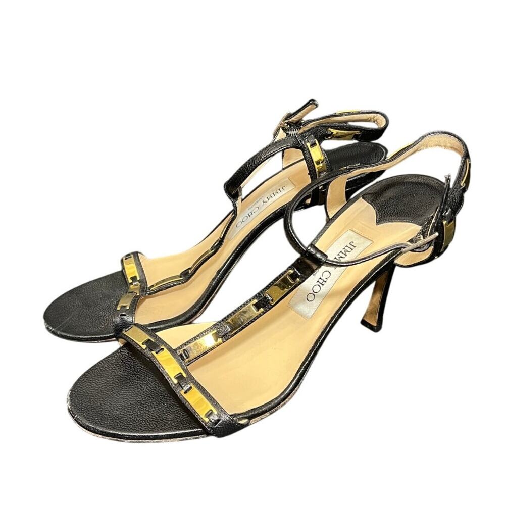 Jimmy Choo Shoes Black Stiletto‎ Leather T Strap Gold Bars Size 39.5 US 9.5
